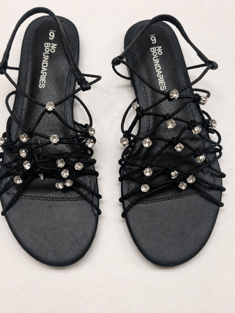 No Boundaries Black Rhinestone Strappy Flat Sandals